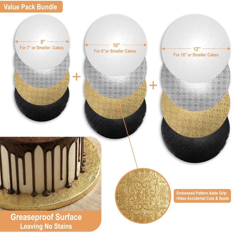 12 Pack Cake Drums 8, 10, 12 Inch - White, Silver, Gold, Black | Greaseproof & S gallery