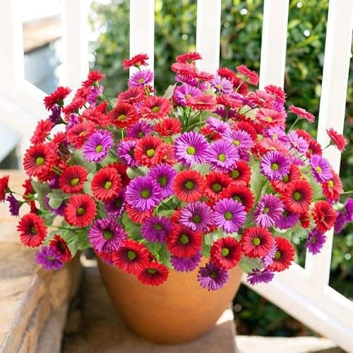Dahlia Artificial Flowers for Outdoors Decoration, 6 Bundles Silk Red + Fuchsia