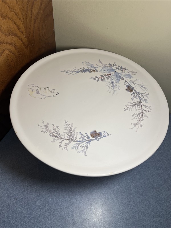 12"D Pfaltzgraff polar bear cake plate winter frost berries pinecones, 6" T gallery