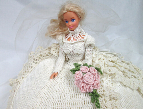 Large Crochet Ivory Beautiful Blond Barbie Doll Cake Topper Approx 14" Round gallery