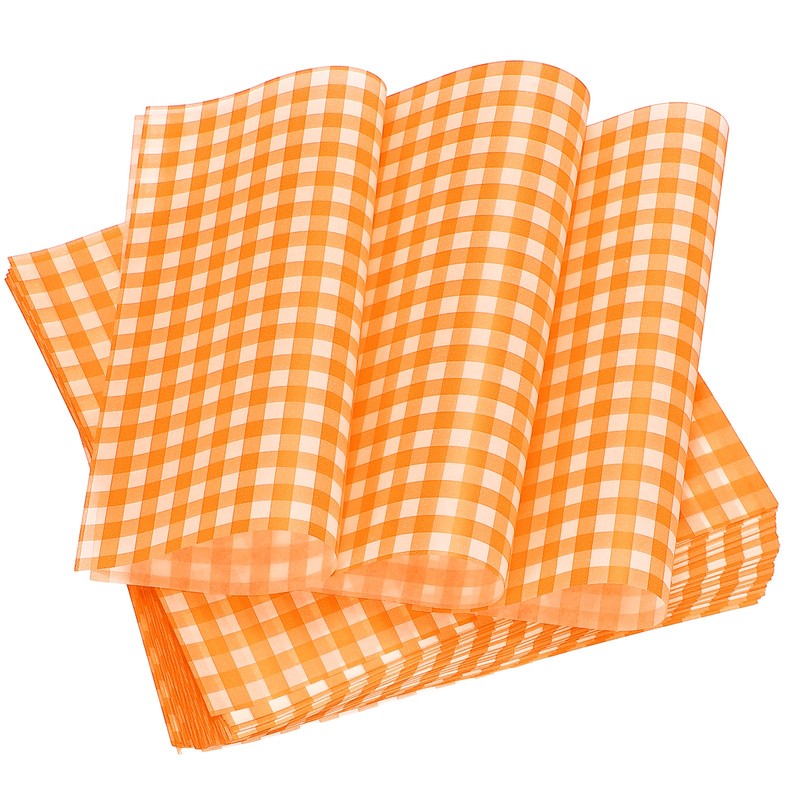 100Pcs Wax Paper Sheets for Food, 7″ Plaid Wrapping Paper Sheets, Orange
