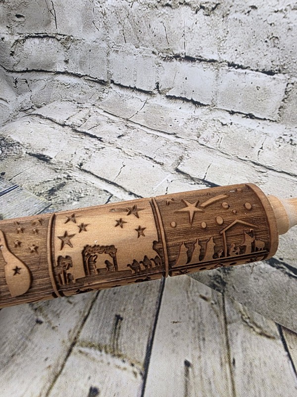 Nativity Embossed Dough Roller Engraved Wooden Rolling Pin Carved Molds Cookies gallery