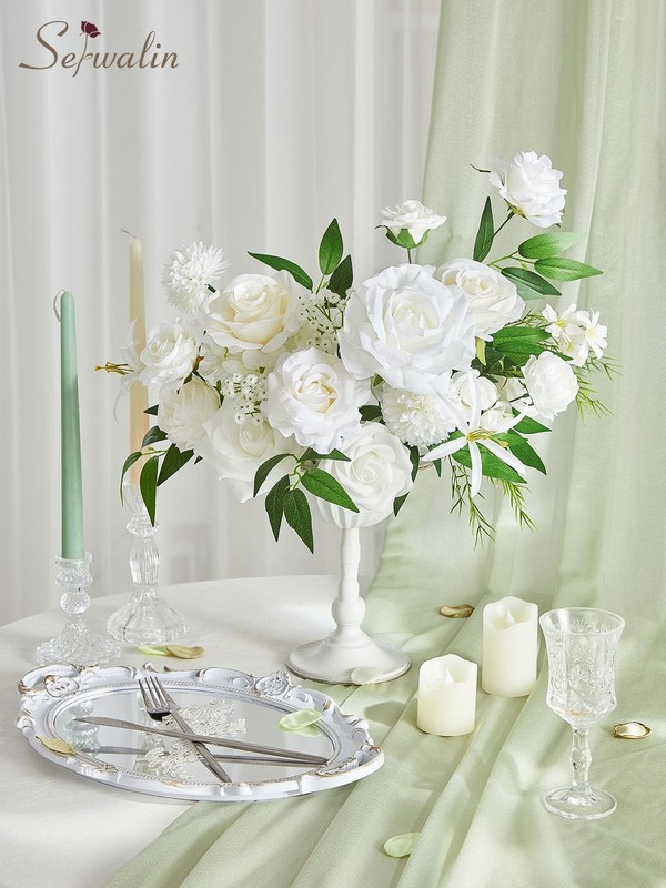 Serwalin White Artificial Silk Roses for Wedding Cake Decor & Bouquets - Elegant gallery