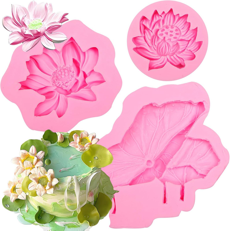 Lotus Flower Silicone Molds for Cake Decorating, 3 Piece Set, Pink Water Lily Le