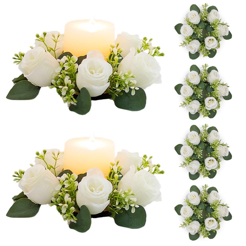 NUPTIO 9.05″ White Artificial Rose Flower Wreath for Table Centerpieces, 6-Pack