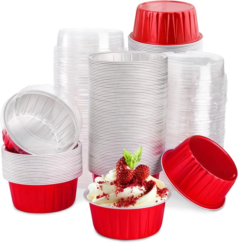100 Pack Aluminum Foil Cupcake Liners with Lids, 5Oz round Ramekin Baking Cups,