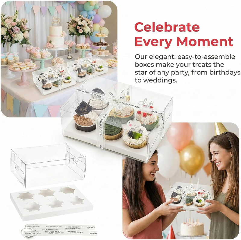 15 Pack Clear Cupcake Boxes, 6 Count Cupcake Containers with Gift Ribbon, Plasti gallery