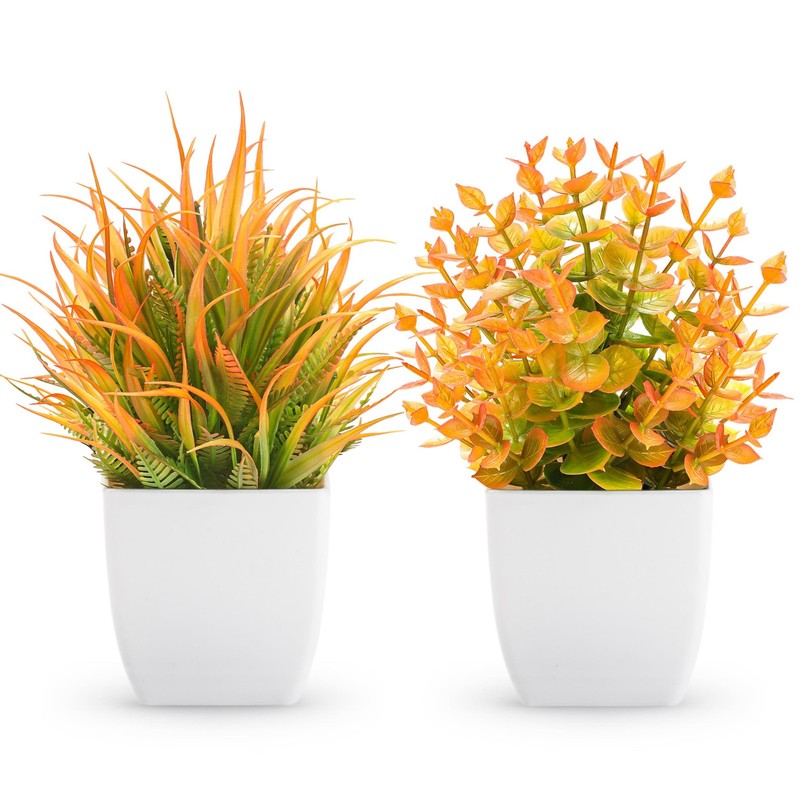 2 Pack Orange Mini Fake Plants Fall Decor 7 Inch