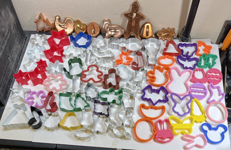 Lot of 77 Colored Metal Figural Cookie Cutters Assorted Shapes/Designs/Colors