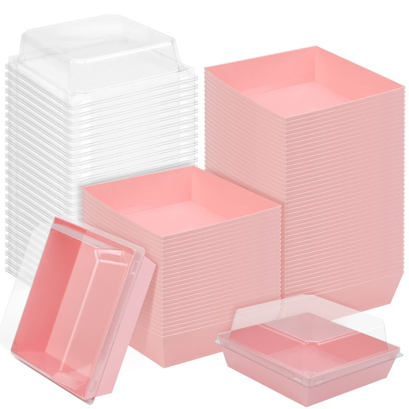 50 Pack 5″ Square Pink Paper Food Containers Bakery Boxes With Secure Lids Cooki