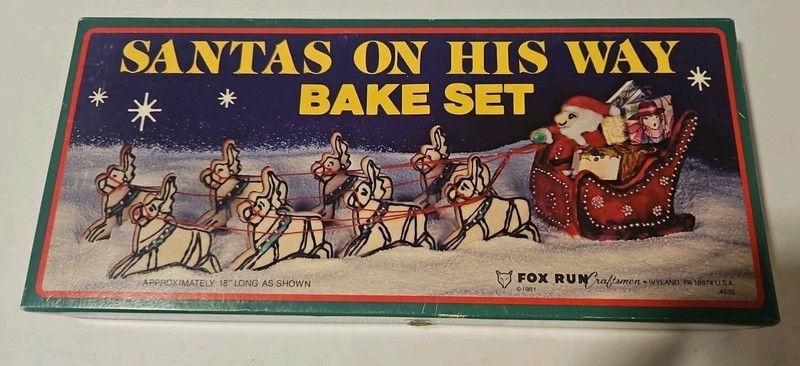 Vintage 1981 “Santas On His Way Bake Set” Kit- Cookie Cutters, Recipe Christmas