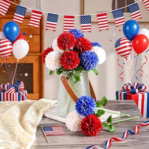24pcs 4th of July Flowers Artificial Chrysanthemum Ball Red Blue White-24pcs gallery