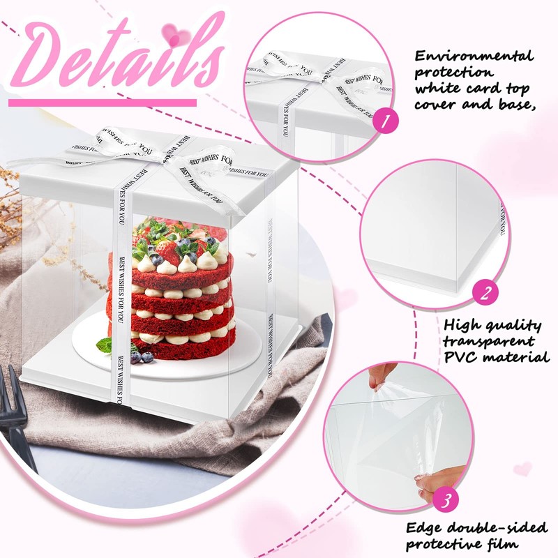 10x10x9 Inch Large Tall White PET Clear Cake Gift Box With Ribbon Lid 9 PCS gallery