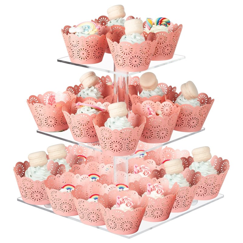 Cupcake Stand, 3 Tier Square Acrylic Cupcake Display Stand Holder, Clear Dess…