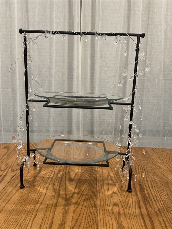 Black Wrought Iron Cupcake Cake Pie Plate Holder Double Rack 2 Tier Stand Square