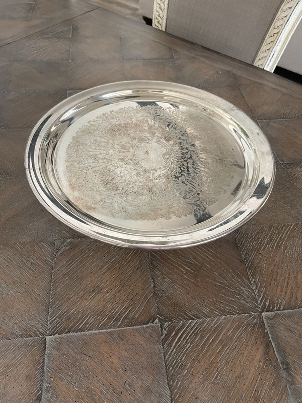 Vtg Reed & Barton Silver Plate Metal Round Pedestal Cake Stand 12" Etched Floral gallery