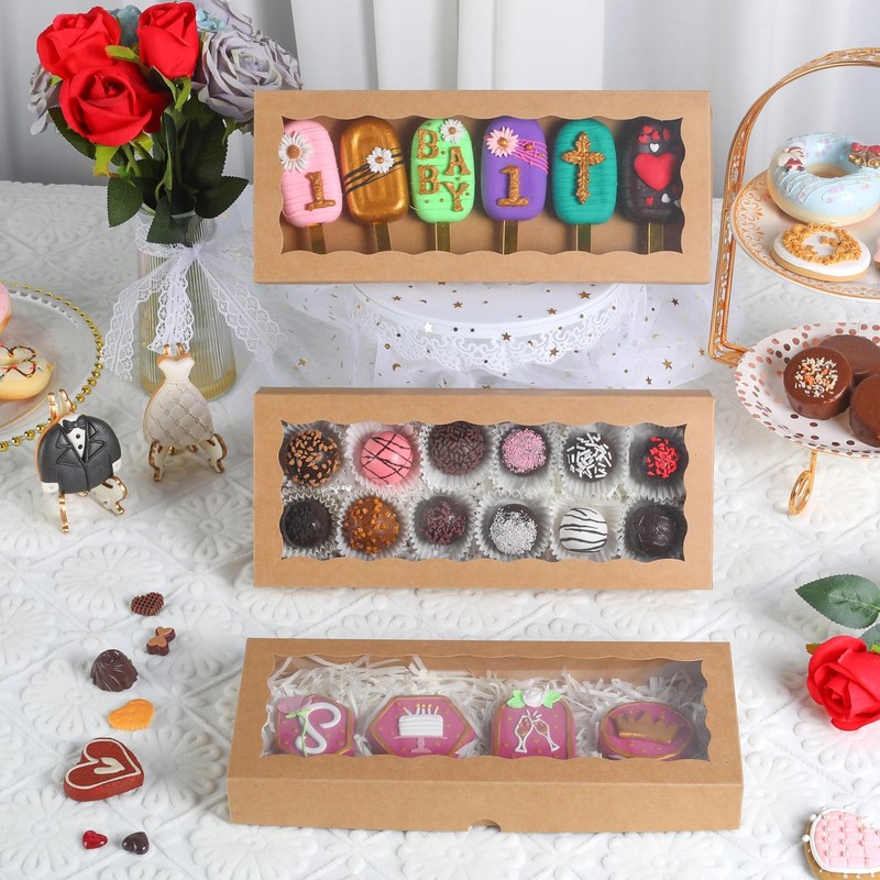 Brown Cookie Boxes Window Bakery Macaron Donut Treat Box 12x5x1.5 Inch 15 PCS gallery