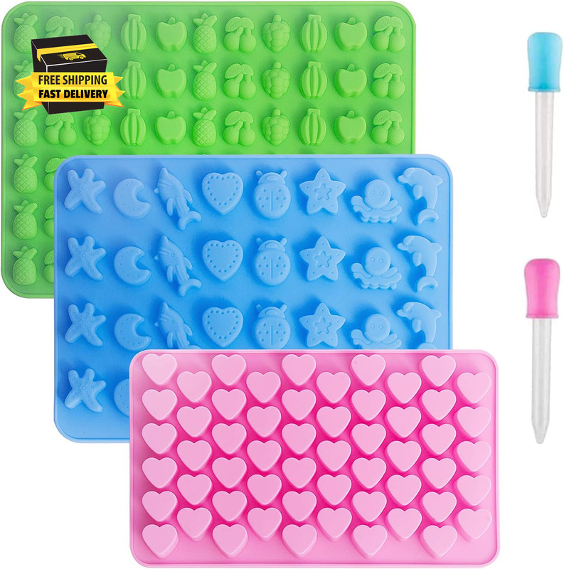 3 Pack Mini Silicone Gummy Candy Chocolate Molds Contains Small Hearts, Fruits,