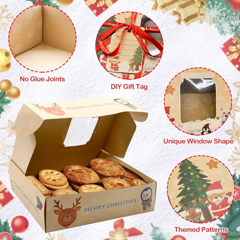 12 Packs Brown Christmas Cookie Boxes with Window for Gift Giving, Cute Carto... gallery