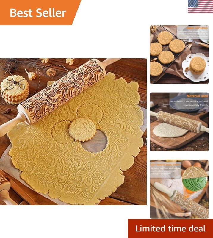 Embossing Rolling Pin – 13.8” Durable Beech Wood for Cookies & Fondant