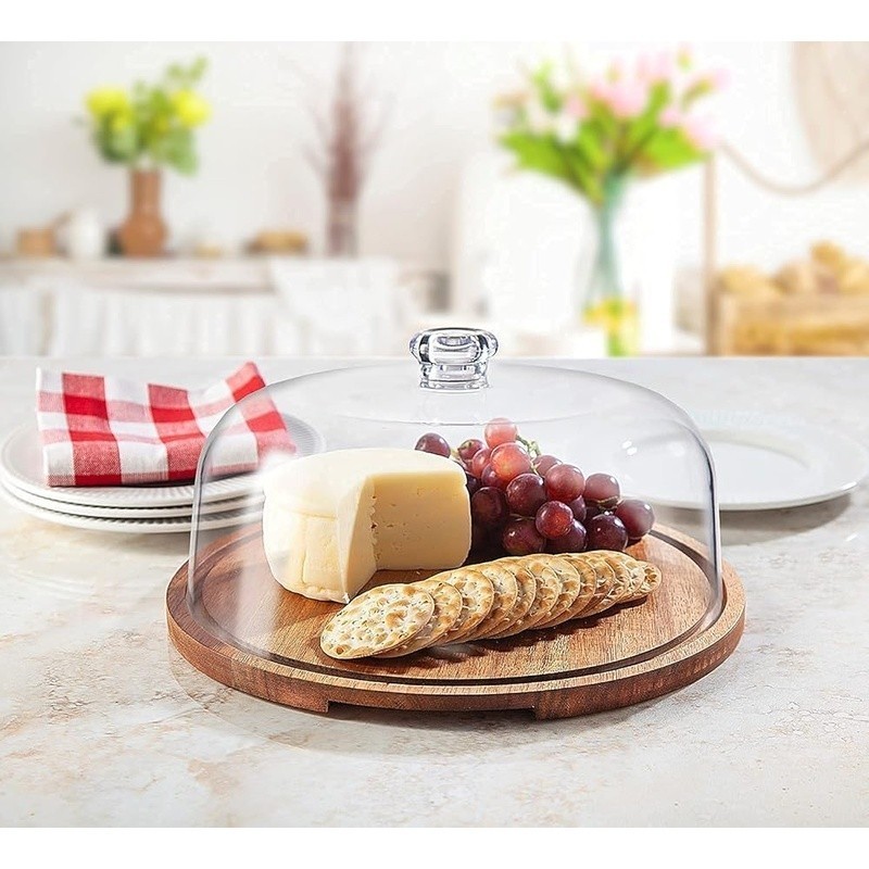 Acacia Wood Cake Stand W/ Acrylic Dome Elegant Serving Plate Gifts & Events New gallery