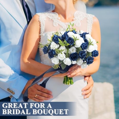 8 Pack Artificial Mini Roses 12 Inch Fake Flowers with Navy Blue and White gallery