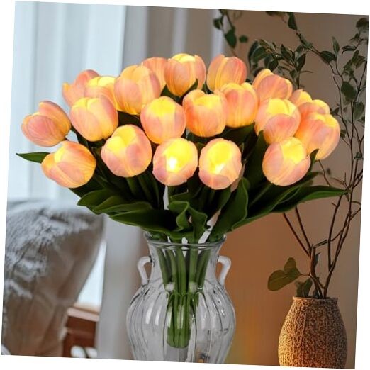 20pcs LED Lighted Artificial Flowers Tulip Lamp Real Touch Tulips Faux Pink