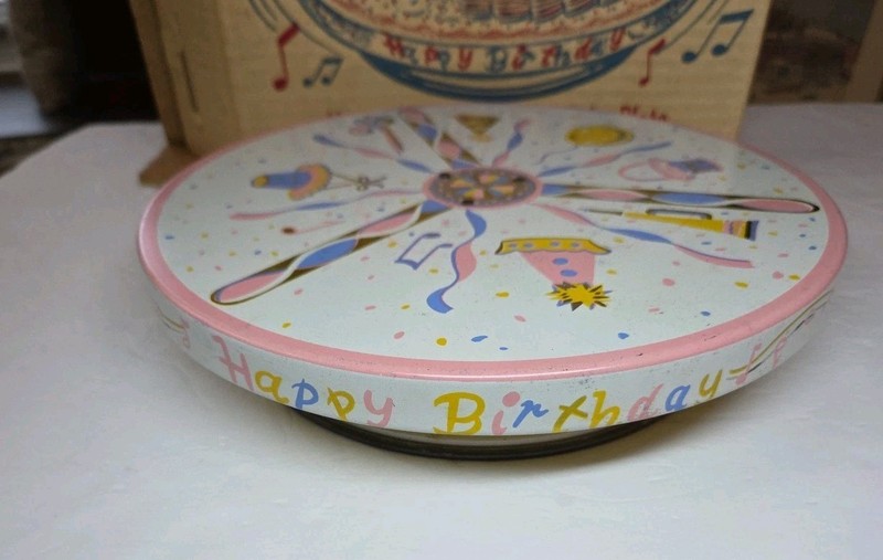 vintage Musical Cake Plate Fabcraft tin litho original box works Happy Birthday gallery