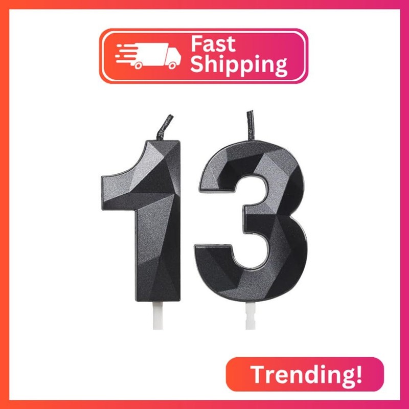 Number 13 Candles,13th Birthday Candles, Black Happy Birthday Candle for Cake,3D