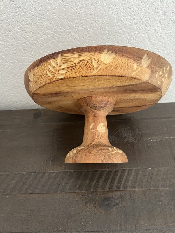 Hand carved Round Wood Pedestal Cake Stand gallery