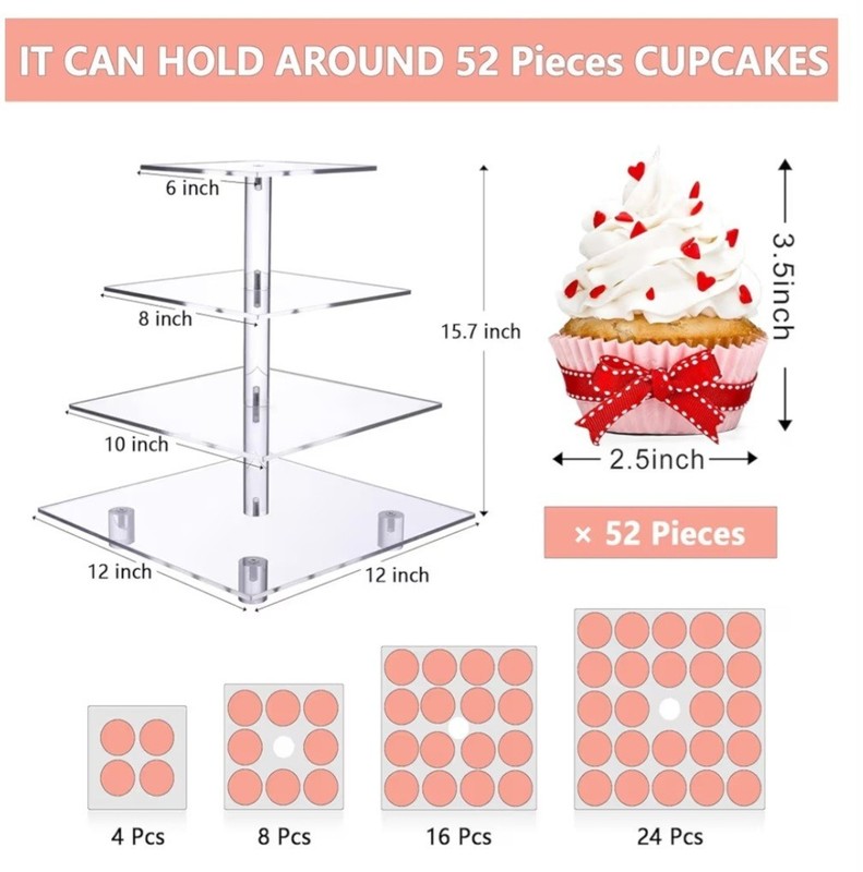 4 Tier Acrylic Cupcake Stand for 50 Cupcakes Square Tiered Easy Assembly Clear