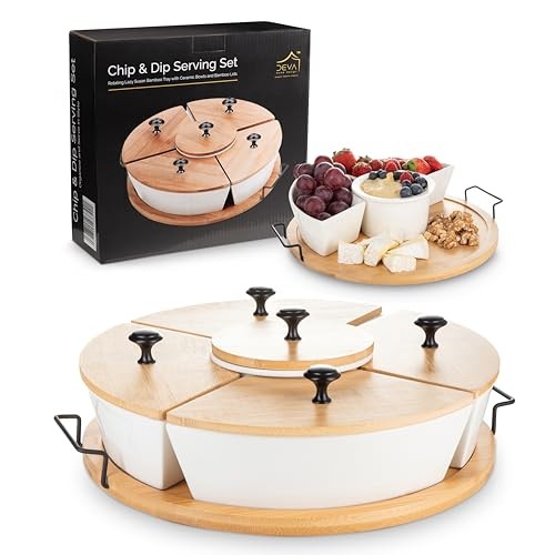 Chip and Dip Serving Set | Rotating Bamboo Lazy Susan Appetizer Tray with gallery