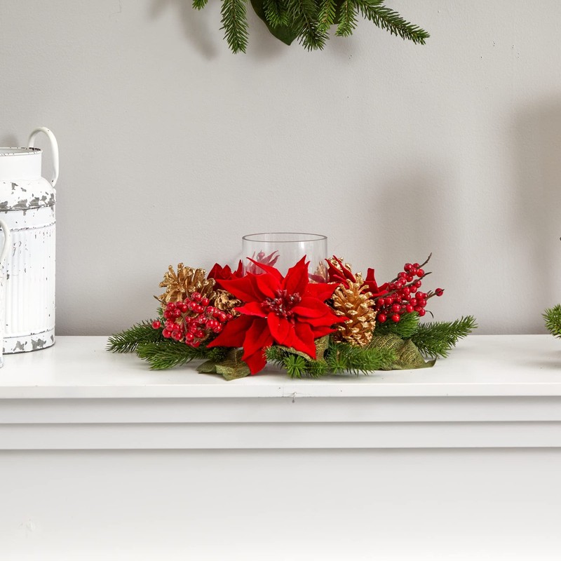 Nearly Natural Poinsettia Berry And Golden Pine Cone Candelabrum Artificial gallery