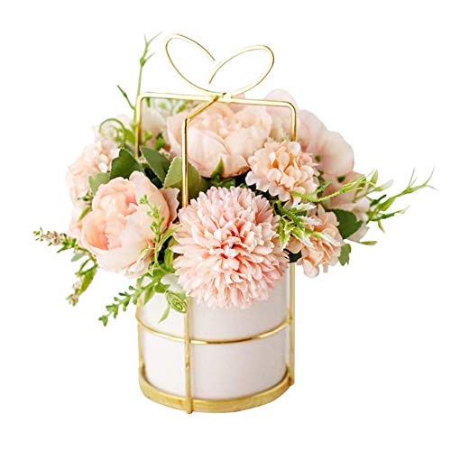 Fake Artificial Flowers in Vase Faux Peony Silk Hydrangea Flower Pink in Gold