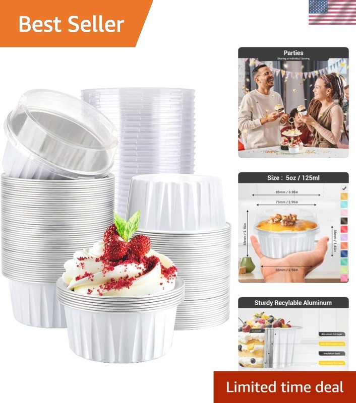 100 Count Oven Safe Aluminum Foil Cups with Clear Lids – Perfect for Desserts