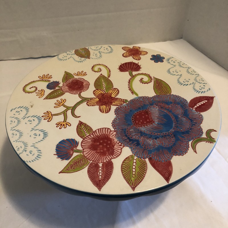 Floral Cake Plate Serving Stand 9.5 x 5.5" Scalloped Edge Blue Flowers Boho gallery