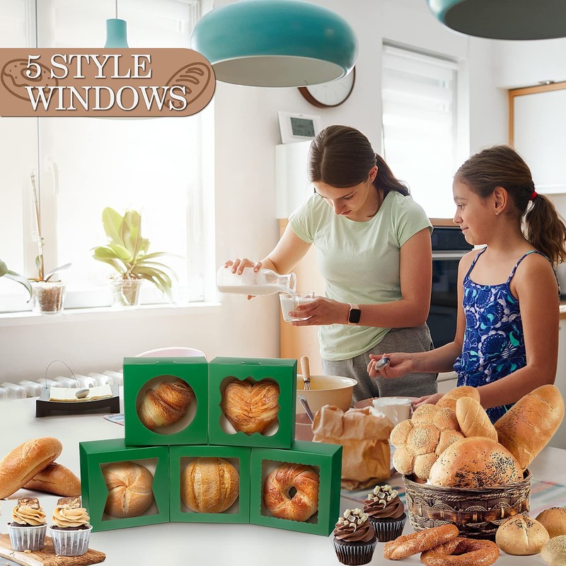 65 PCS Bakery Boxes Window 6x6x3 Inch 5 Style Cookie Pastry Candy Green gallery
