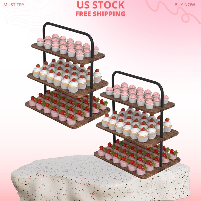 NEW 3 Tier Cupcake Stand Wood Metal Dessert Display Tower 52 Cupcakes 2 Pack