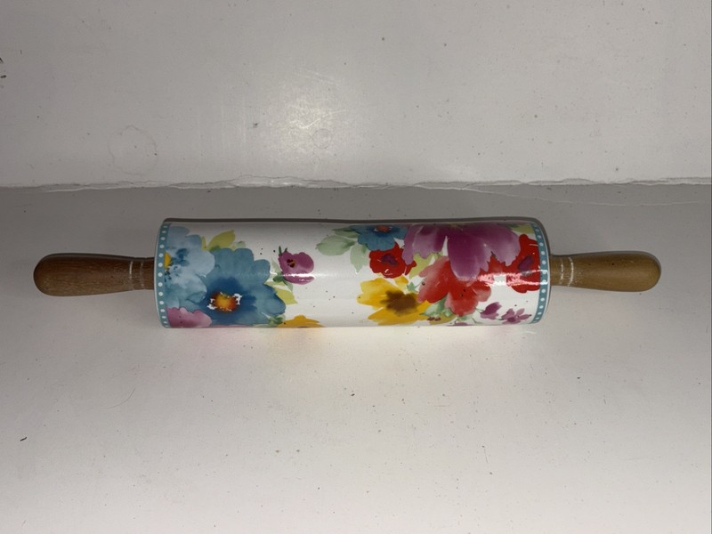Pioneer Woman Ceramic Rolling Pin ~ Breezy Blossoms~ Acacia Wooden Handles gallery