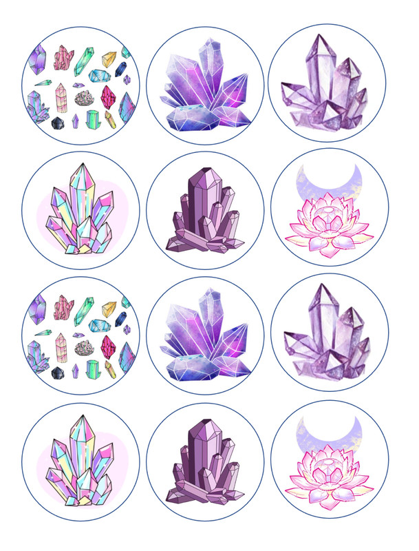 12 Healing crystals, edible paper, cupcake cookie toppers CHOOSE SIZE