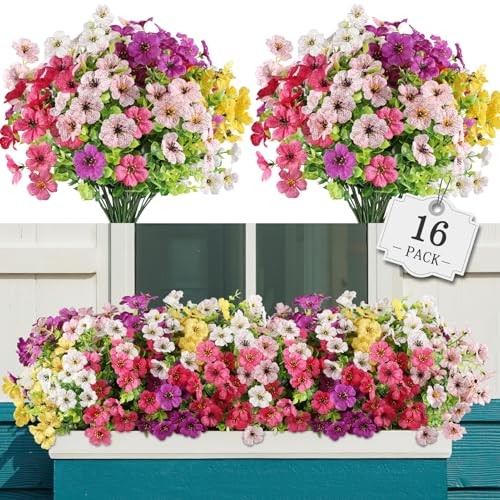16 Bundles Artificial Flowers for Outdoor,No Fade Fake 16 PCS Mix 5 Colors