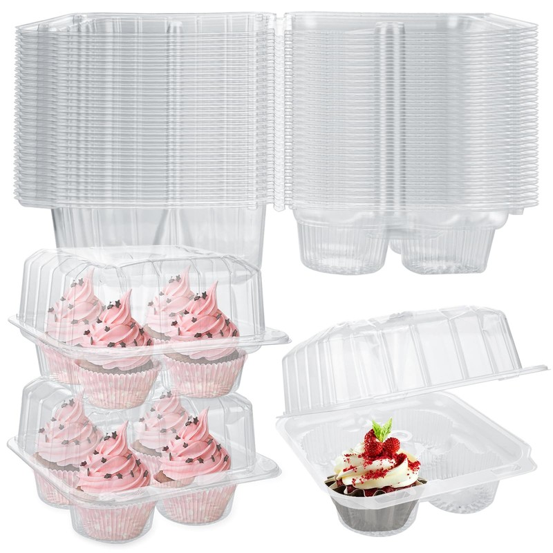 MUXHEL 50 Pcs Cupcake Boxes 4 Count, Clear Plastic Cupcake Container Stackabl…
