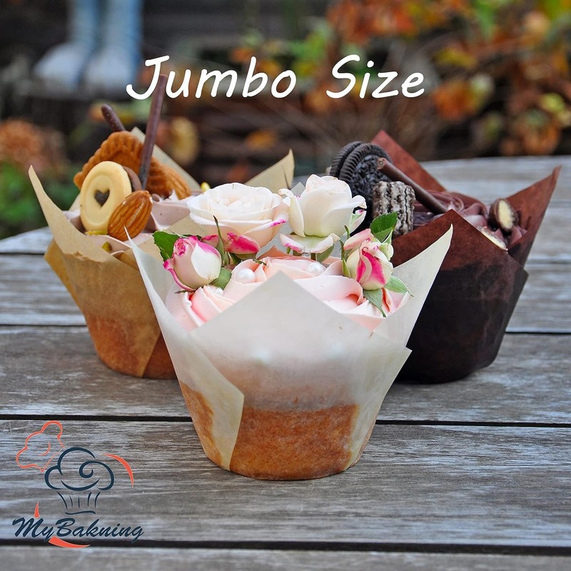 (JUMBO EXTRA LARGE size) Natural+Brown+White Tulip Baking Cups Case of 130 pcs gallery