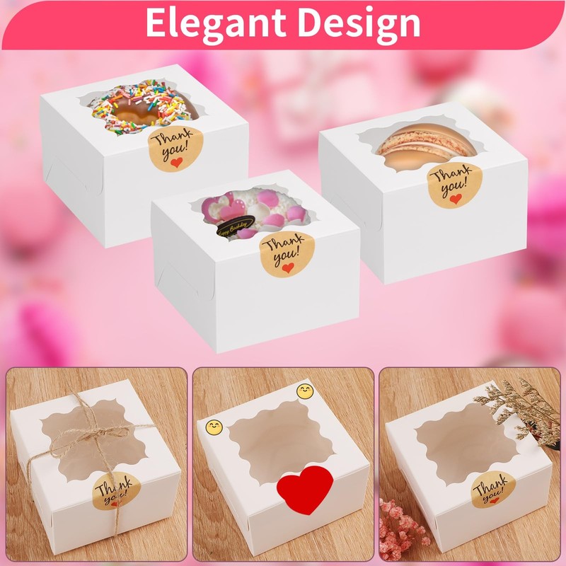24pcs White Cookie Boxes, 4x4x2.5 Inches Bakery Boxes with Window, for Mini Cake gallery