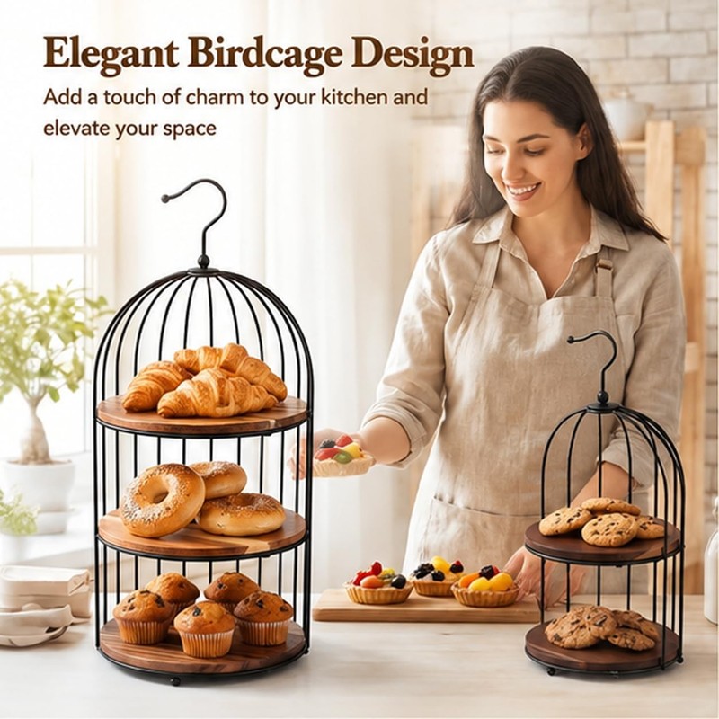 Bird Cage Cupcake Stand Set of 2, 3-Tier and 2-Tier Acacia Wood Trays with Bl... gallery