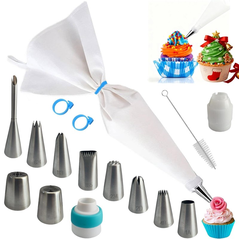 Reusable Cotton Piping Bags & Tips Set -16″ Large Pastry Bag with 10 lcing Ti…