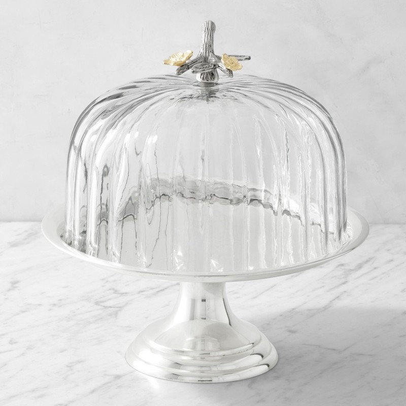 Floral Vine Glass Dome & Heirloom Silver Cake Stand
