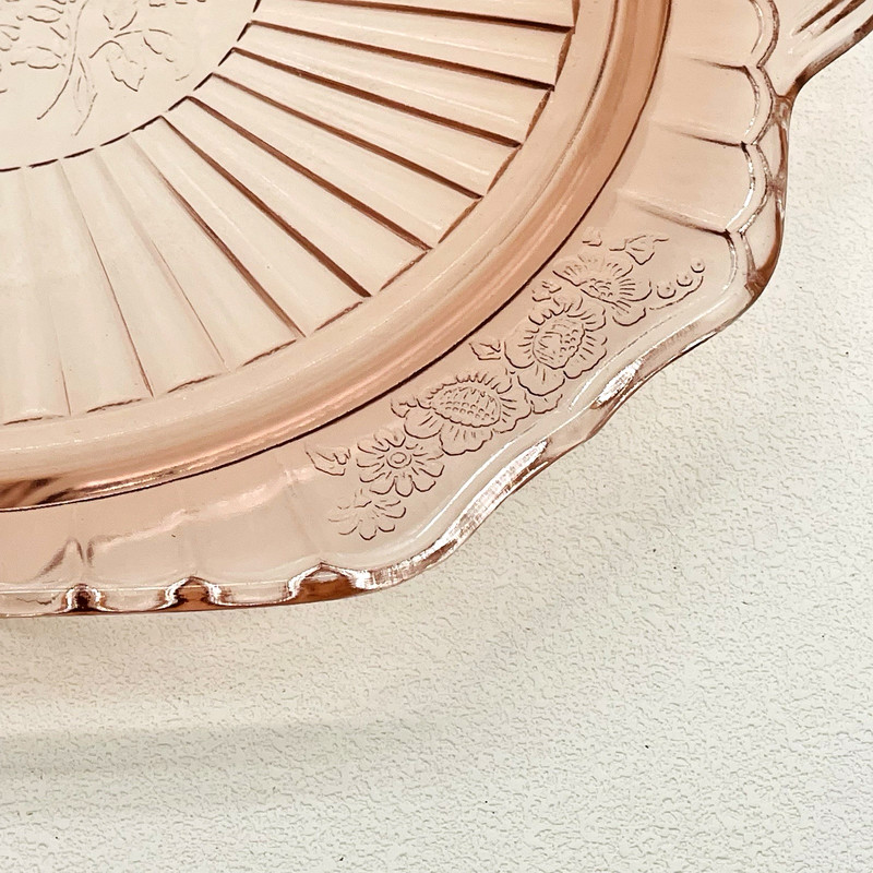 Vtg Pink Depression Glass Anchor Hocking Mayfair Open Rose Footed Cake Plate 10" gallery