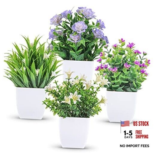 Pack Small Fake Plants Mini Artificial Faux Plants Indoor with Flowers 4