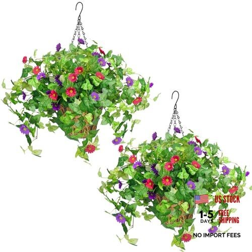 2 Pack Artificial Hanging Flowers with 6pcs with 2 baskets Purple+hot Pink